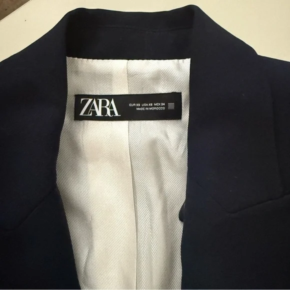 ZARA Navy Blue Open Front Blazer Jacket Preppy Quite Luxury XS Chic Office - Picture 5 of 5